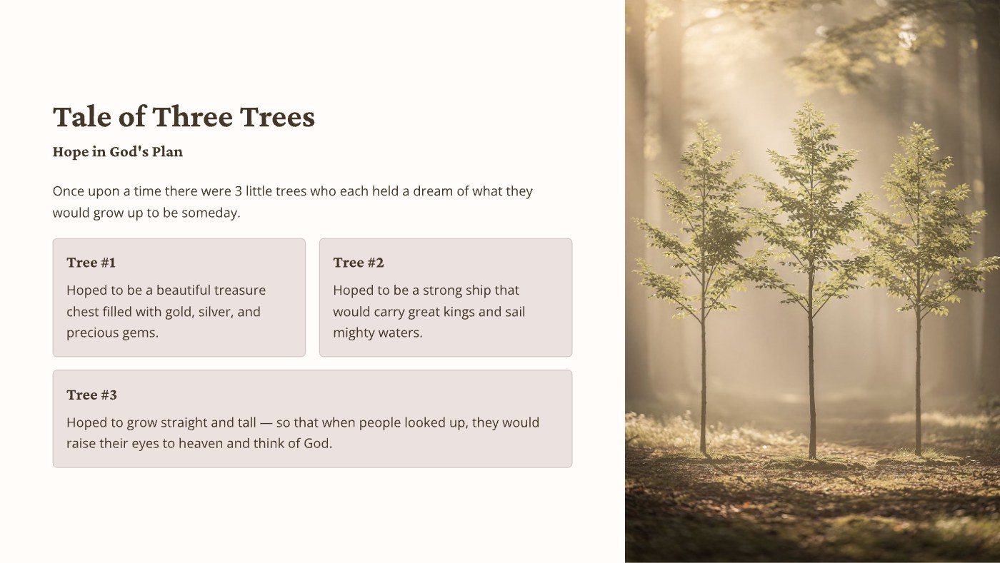 Front of the "Tale of Three Trees" devotional card