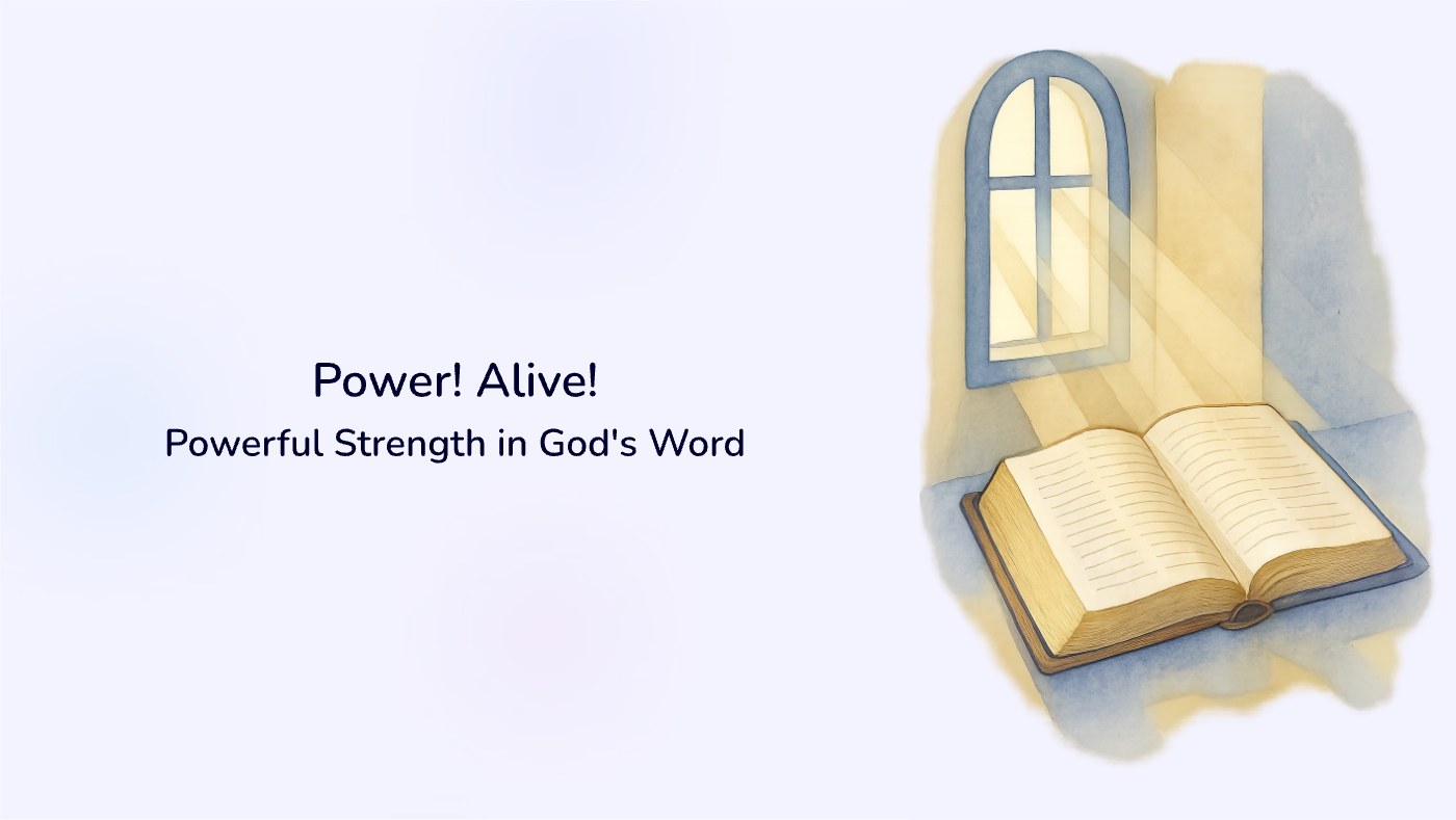 Front of the "Powerful! Alive!" devotional card