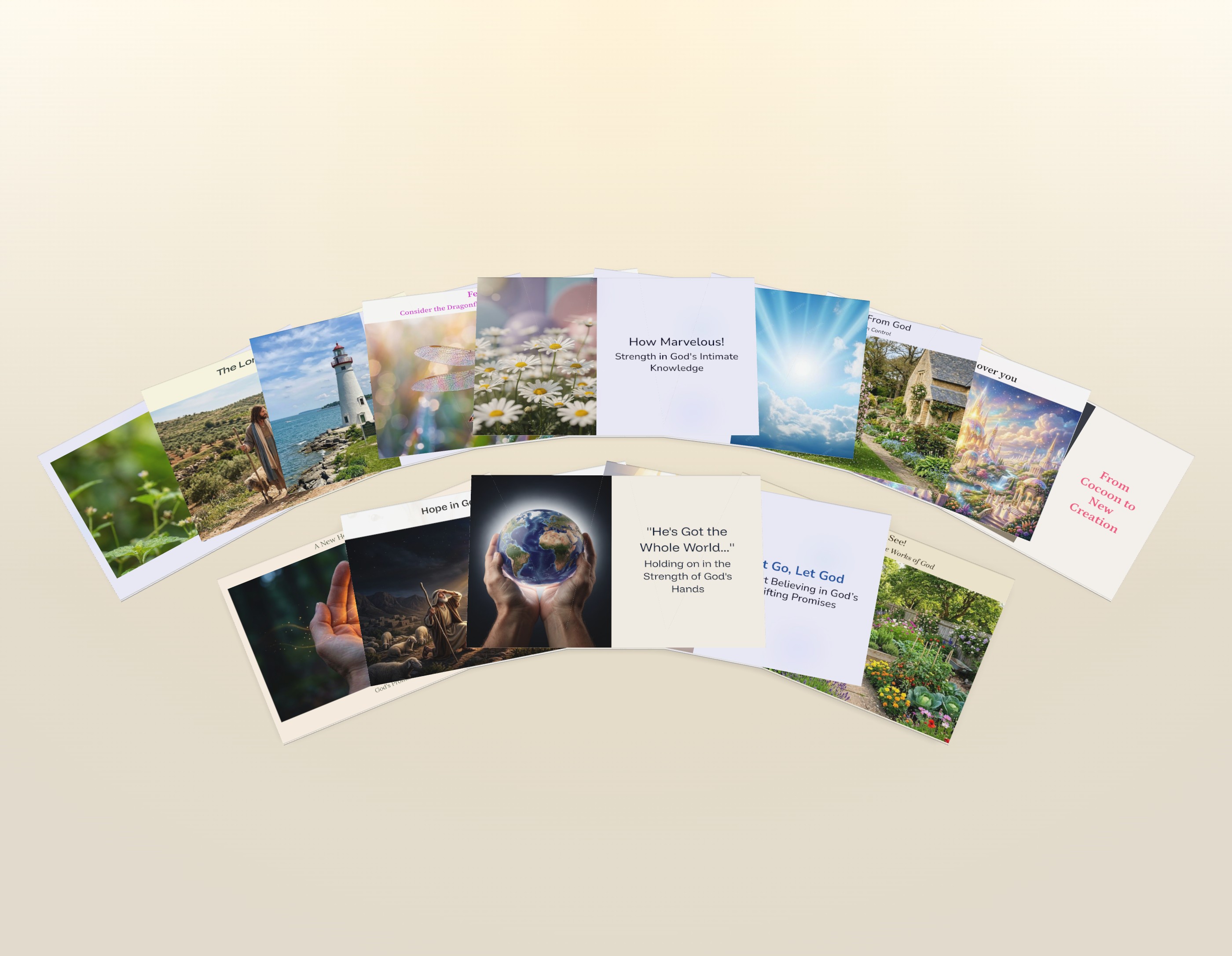 A collection of Illness and Cancer Devotional cards fanned out, showing the artwork on the fronts